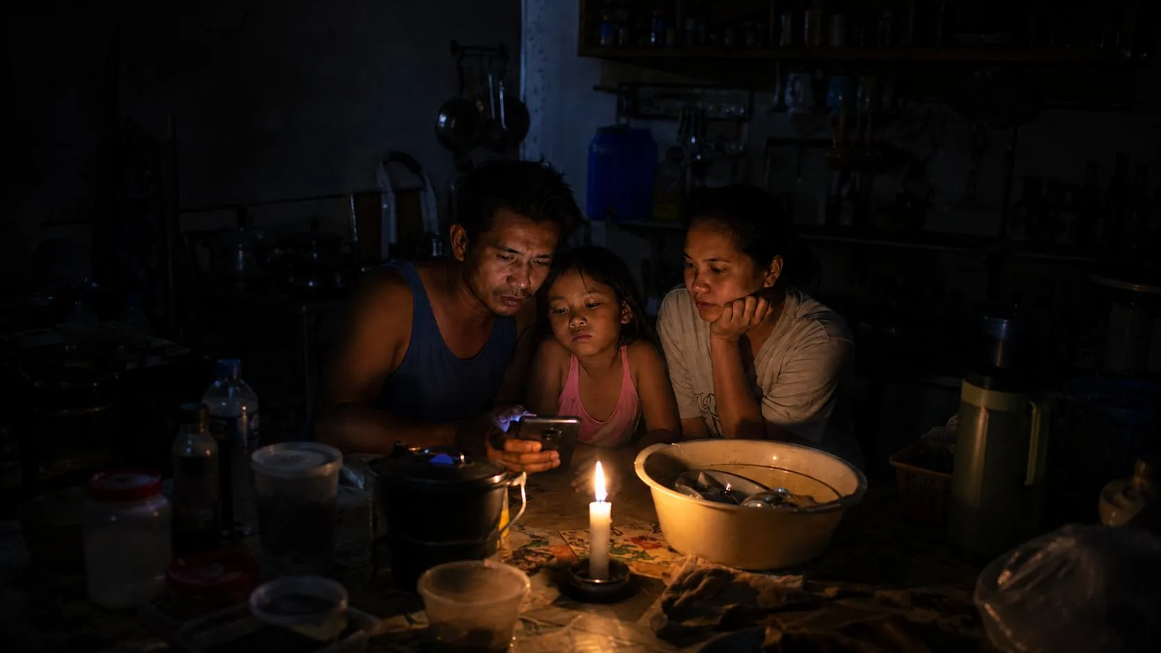 A family during a brownout, lit by candlelight